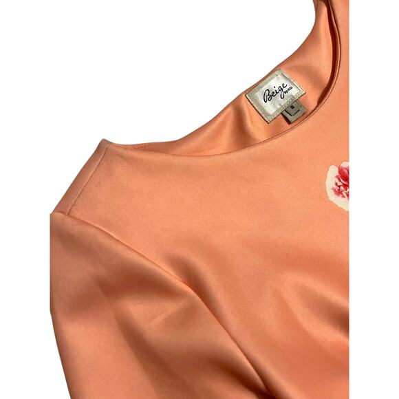 Beige by Eci Peach Spring Floral Midi Straight Pencil Dress 3/4 Sleeve Size 8 - Picture 4 of 15